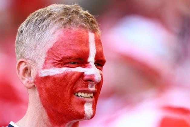 A Denmark fan with face paint in the stadium ahead of the game Slovenia v Denmark, UEFA European Championship, EM, Europameisterschaft 2024, Group C, Football, Stuttgart Arena, Stuttgart, Germany, 16 Jun 2024 EDITORIAL USE ONLY No use with unauthorised audio, video, data, fixture lists, club league logos or live services. Online in-match use limited to 120 images, no video emulation. No use in betting, games or single club league player publications. Copyright: xMichaelxZemanek Shutterstockx 14539399l