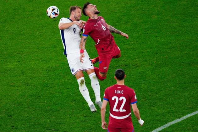 Harry Kane of England and Nemanja Gudelj of Serbia Serbia v England, UEFA European Championship, EM, Europameisterschaft 2024, Group C, Football, Arena Aufschalke, Gelsenkirchen, Germany, 16 Jun 2024 EDITORIAL USE ONLY No use with unauthorised audio, video, data, fixture lists, club league logos or live services. Online in-match use limited to 120 images, no video emulation. No use in betting, games or single club league player publications. Copyright: xDavexShopland Shutterstockx 14539403aw