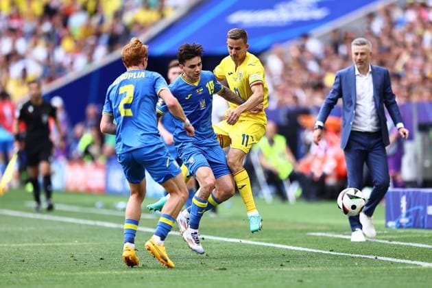 Yukhym Konoplya of Ukraine, Mykola Shaparenko of Ukraine and Nicuor Bancu of Romania Romania v Ukraine, UEFA European Championship, EM, Europameisterschaft 2024, Group E, Football, Munich Football Arena, Munich, Germany, 17 Jun 2024 EDITORIAL USE ONLY No use with unauthorised audio, video, data, fixture lists, club league logos or live services. Online in-match use limited to 120 images, no video emulation. No use in betting, games or single club league player publications. Copyright: xMichaelxZemanek Shutterstockx 14539636ad