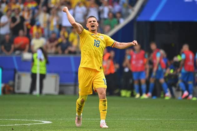 Razvan MARIN (ROM) nach Tor zum 2-0, Jubel,Freude,Begeisterung,, Aktion,Einzelaktion,Einzelbild, Freisteller,Ganzkoerperaufnahme,ganze Figur Gruppenphase Gruppe C Rumaenien (ROU) - Ukraine (UKR) 3-0, am 17.06.2024 Fussball Arena Muenchen, Fussball UEFA EURO, EM, Europameisterschaft,Fussball 2024 GERMANY vom 14.06.2024 - 14.07.2024. Â