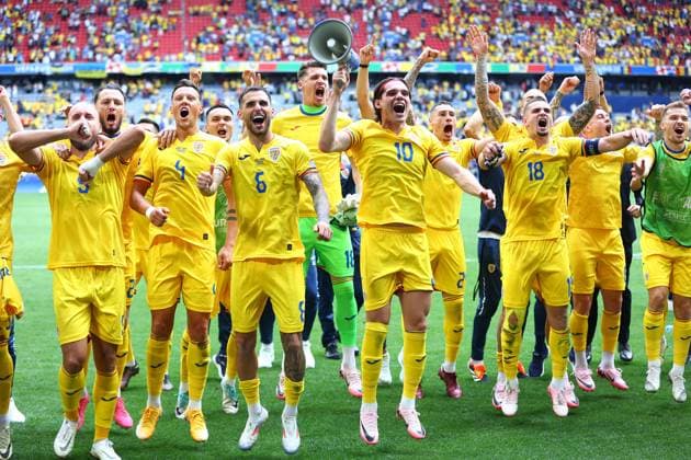 Ianis Hagi and Razvan Marin of Romania celebrate with team-mates after the match Romania v Ukraine, UEFA European Championship, EM, Europameisterschaft 2024, Group E, Football, Munich Football Arena, Munich, Germany, 17 Jun 2024 EDITORIAL USE ONLY No use with unauthorised audio, video, data, fixture lists, club league logos or live services. Online in-match use limited to 120 images, no video emulation. No use in betting, games or single club league player publications. Copyright: xMichaelxZemanek Shutterstockx 14539636bw