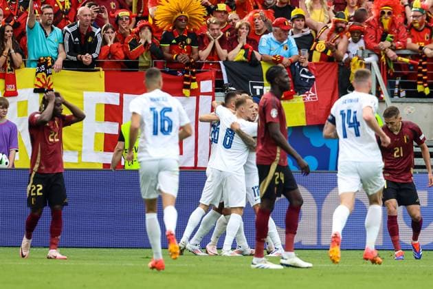 Totr fuer Slovakia 1:0 durch Ivan Schranz (Slovakei 26) GER, Belgium (BEL) vs. Slovakia (SVK), Fussball Europameisterschaft, UEFA EURO, EM, Europameisterschaft,Fussball 2024, Gruppe E, 1. Spieltag, 17.06.2024 DFB DFL REGULATIONS PROHIBIT ANY USE OF PHOTOGRAPHS AS IMAGE SEQUENCES AND OR QUASI-VIDEO GER, Belgium (BEL) vs. Slovakia (SVK), Fussball Europameisterschaft, UEFA EURO 2024, Gruppe E, 1. Spieltag, 17.06.2024 Frankfurt Copyright: xEibner-Pressefoto RogerxBuerkex EP