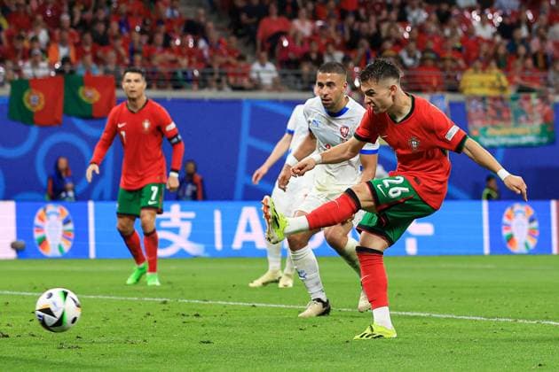 Francisco Conceicao of Portugal scores a goal for their side to make it 2-1 Portugal v Czechia, UEFA European Championship, EM, Europameisterschaft 2024, Group F, Football, Leipzig Stadium, Leipzig, Germany, 18 Jun 2024 EDITORIAL USE ONLY No use with unauthorised audio, video, data, fixture lists, club league logos or live services. Online in-match use limited to 120 images, no video emulation. No use in betting, games or single club league player publications. Copyright: xMattxWest Shutterstockx 14543474cy