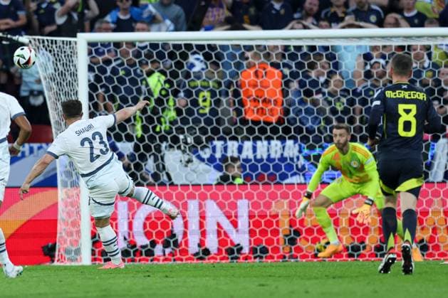 Xherdan Shaqiri of Switzerland scores a goal for their side to make it 1-1 Scotland v Switzerland, UEFA European Championship, EM, Europameisterschaft 2024, Group A, Football, Cologne Stadium, Cologne, Germany, 19 Jun 2024 EDITORIAL USE ONLY No use with unauthorised audio, video, data, fixture lists, club league logos or live services. Online in-match use limited to 120 images, no video emulation. No use in betting, games or single club league player publications. Copyright: xMattxWest Shutterstockx 14543656at