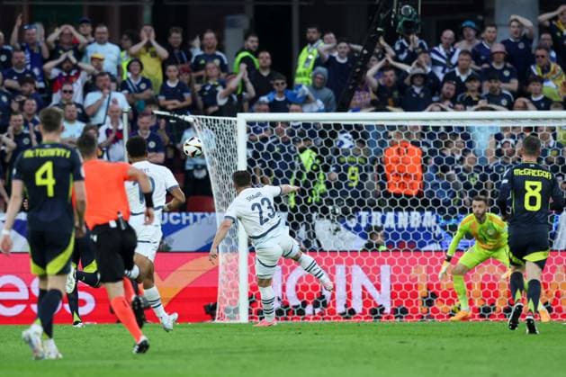 Xherdan Shaqiri of Switzerland scores a goal for their side to make it 1-1 Scotland v Switzerland, UEFA European Championship, EM, Europameisterschaft 2024, Group A, Football, Cologne Stadium, Cologne, Germany, 19 Jun 2024 EDITORIAL USE ONLY No use with unauthorised audio, video, data, fixture lists, club league logos or live services. Online in-match use limited to 120 images, no video emulation. No use in betting, games or single club league player publications. Copyright: xMattxWest Shutterstockx 14543656bb