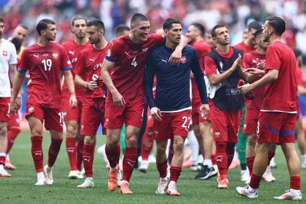 Nikola Milenkovic of Serbia and Sasa Lukic of Serbia at the final whistle Slovenia v Serbia, UEFA European Championship, EM, Europameisterschaft 2024, Group C, Football, Munich Football Arena, Munich, Germany, 20 Jun 2024 EDITORIAL USE ONLY No use with unauthorised audio, video, data, fixture lists, club league logos or live services. Online in-match use limited to 120 images, no video emulation. No use in betting, games or single club league player publications. Copyright: xMichaelxZemanek Shutterstockx 14543659ct