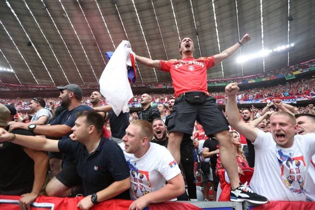 Serbia fans celebrating equalising goal Slovenia v Serbia, UEFA European Championship, EM, Europameisterschaft 2024, Group C, Football, Munich Football Arena, Munich, Germany, 20 Jun 2024 EDITORIAL USE ONLY No use with unauthorised audio, video, data, fixture lists, club league logos or live services. Online in-match use limited to 120 images, no video emulation. No use in betting, games or single club league player publications. Copyright: xMichaelxZemanek Shutterstockx 14543659cx