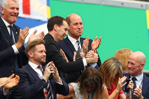 Prince William, Prince of Wales and President of The FA celebrates the opening goal scored by Harry Kane of England Denmark v England, UEFA European Championship, EM, Europameisterschaft 2024, Group C, Football, Frankfurt Arena, Frankfurt, Germany, 20 Jun 2024 EDITORIAL USE ONLY No use with unauthorised audio, video, data, fixture lists, club league logos or live services. Online in-match use limited to 120 images, no video emulation. No use in betting, games or single club league player publications. Copyright: xKieranxMcManus Shutterstockx 14543690aw