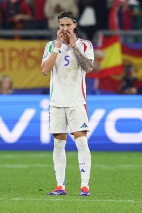 Riccardo Calafiori of Italy scores an own goal to make it 1-0 Spain v Italy, UEFA European Championship, EM, Europameisterschaft 2024, Group B, Football, Arena AufSchalke, Gelsenkirchen, Germany, 20 Jun 2024 EDITORIAL USE ONLY No use with unauthorised audio, video, data, fixture lists, club league logos or live services. Online in-match use limited to 120 images, no video emulation. No use in betting, games or single club league player publications. Copyright: xPaulxCurrie Shutterstockx 14543734cj