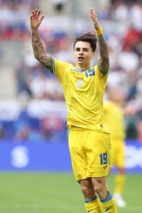 Mykola Shaparenko of Ukraine celebrates scoring his sides first goal Slovakia v Ukraine, UEFA European Championship, EM, Europameisterschaft 2024, Group E, Football, Dusseldorf Arena, Dusseldorf, Germany - 21 Jun 2024 EDITORIAL USE ONLY No use with unauthorised audio, video, data, fixture lists, club league logos or live services. Online in-match use limited to 120 images, no video emulation. No use in betting, games or single club league player publications. Copyright: xPaulxCurrie Shutterstockx 14543871ay