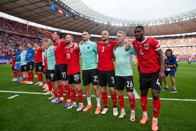 Oesterreich jubelt ueber Sieg, GER, UEFA EURO, EM, Europameisterschaft,Fussball 2024, Fussball Herren, UEFA EM 2024 Matchtag 2, Gruppe D, Polen vs. Oesterrech, Poland vs. Austria, 21.06.2024. GER, UEFA Euro 2024, Fussball Herren, UEFA EM 2024 Matchtag 2, Gruppe D, Polen vs. Oesterrech, Poland vs. Austria, 21.06.2024. Berlin Copyright: xEibner-Pressefotox xClaudiusxRauchx EP_CRH
