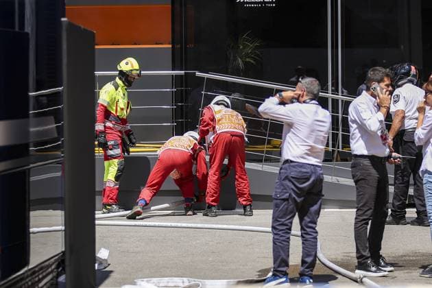 Fireman marshall, commissaire de piste, marshal, marshalls, marshals at McLaren F1 Team hospitality during the Formula 1 Aramco Gran Premio de Espana 2024, 10th round of the 2024 Formula One World Championship, WM, Weltmeisterschaft from June 21 to 23, 2024 on the Circuit de Barcelona-Catalunya, in Montmeló, Spain - F1 - SPANISH GRAND PRIX 2024 DPPI Panoramic 240622_R10_SPAGNA_DP_EA018968_