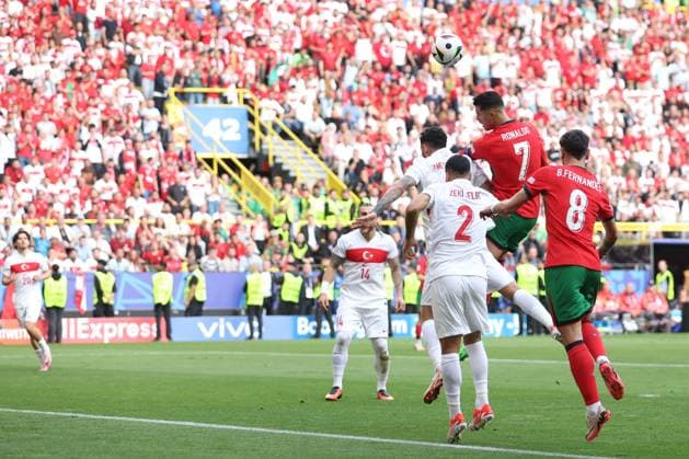 Cristiano Ronaldo of Portugal heads towards goal but fails to score Turkiye v Portugal, UEFA European Championship, EM, Europameisterschaft 2024, Group F, Football, BVB Stadion, Dortmund, Germany, 22 Jun 2024 EDITORIAL USE ONLY No use with unauthorised audio, video, data, fixture lists, club league logos or live services. Online in-match use limited to 120 images, no video emulation. No use in betting, games or single club league player publications. Copyright: xPaulxCurrie Shutterstockx 14548034ca