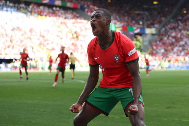 Nuno Mendes of Portugal celebrates Bernardo Silva of Portugal s opening goal Turkiye v Portugal, UEFA European Championship, EM, Europameisterschaft 2024, Group F, Football, BVB Stadion, Dortmund, Germany, 22 Jun 2024 EDITORIAL USE ONLY No use with unauthorised audio, video, data, fixture lists, club league logos or live services. Online in-match use limited to 120 images, no video emulation. No use in betting, games or single club league player publications. Copyright: xPaulxCurrie Shutterstockx 14548034ci