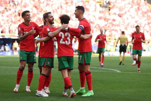 Vitinha of Portugal and team mates celebrate Samet Akaydin of Turkey s own goal Turkiye v Portugal, UEFA European Championship, EM, Europameisterschaft 2024, Group F, Football, BVB Stadion, Dortmund, Germany, 22 Jun 2024 EDITORIAL USE ONLY No use with unauthorised audio, video, data, fixture lists, club league logos or live services. Online in-match use limited to 120 images, no video emulation. No use in betting, games or single club league player publications. Copyright: xPaulxCurrie Shutterstockx 14548034cp