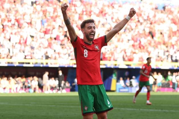 Bruno Fernandes of Portugal celebrates Samet Akaydin of Turkey s own goal Turkiye v Portugal, UEFA European Championship, EM, Europameisterschaft 2024, Group F, Football, BVB Stadion, Dortmund, Germany, 22 Jun 2024 EDITORIAL USE ONLY No use with unauthorised audio, video, data, fixture lists, club league logos or live services. Online in-match use limited to 120 images, no video emulation. No use in betting, games or single club league player publications. Copyright: xPaulxCurrie Shutterstockx 14548034ct