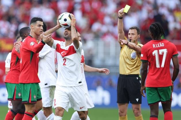 Zeki Ã?elik of Turkey reacts to being cautioned by referee Felix Zwayer Turkiye v Portugal, UEFA European Championship, EM, Europameisterschaft 2024, Group F, Football, BVB Stadion, Dortmund, Germany, 22 Jun 2024 EDITORIAL USE ONLY No use with unauthorised audio, video, data, fixture lists, club league logos or live services. Online in-match use limited to 120 images, no video emulation. No use in betting, games or single club league player publications. Copyright: xPaulxCurrie Shutterstockx 14548034cz