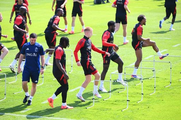 EURO 2024, Nationalteam Belgien, Training Belgium Media Activities - UEFA EURO, EM, Europameisterschaft,Fussball 2024 24 06 2024 FREIBERG AM NECKA, GERMANY - JUNE 24 : Vermeeren Arthur midfielder of Belgium, Mangala Orel midfielder of Belgium, Openda Lois forward of Belgium during a training session of the Belgian Red Devils at the UEFA EURO 2024 European Football Championship tournament on June 24, 2024 in Freiberg am Necka, Germany, 24 06 2024 Freiberg am Necka Germany Copyright: xVincentxKalutx