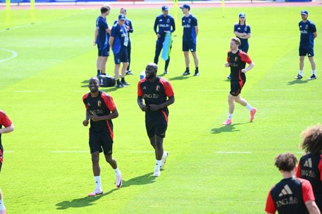 EURO 2024, Nationalteam Belgien, Training Belgium Media Activities - UEFA EURO, EM, Europameisterschaft,Fussball 2024 24 06 2024 FREIBERG AM NECKA, GERMANY - JUNE 24 : Lukebakio Dodi forward of Belgium, Lukaku Romelu forward of Belgium during a training session of the Belgian Red Devils at the UEFA EURO 2024 European Football Championship tournament on June 24, 2024 in Freiberg am Necka, Germany, 24 06 2024 Freiberg am Necka Germany Copyright: xVincentxKalutx