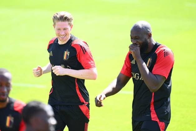 EURO 2024, Nationalteam Belgien, Training Belgium Media Activities - UEFA EURO, EM, Europameisterschaft,Fussball 2024 24 06 2024 FREIBERG AM NECKA, GERMANY - JUNE 24 : De Bruyne Kevin forward of Belgium, Lukaku Romelu forward of Belgium during a training session of the Belgian Red Devils at the UEFA EURO 2024 European Football Championship tournament on June 24, 2024 in Freiberg am Necka, Germany, 24 06 2024 Freiberg am Necka Germany Copyright: xVincentxKalutx