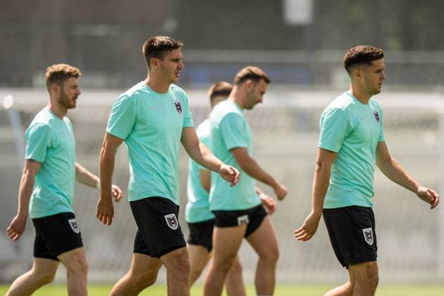 EURO 2024, Nationalteam Österreich, Training SOCCER - UEFA EURO, EM, Europameisterschaft,Fussball 2024 BERLIN,GERMANY,24.JUN.24 - UEFA EURO 2024, group stage, Austria vs Netherlands, preview, training Team AUT. Image shows Florian Kainz, Maximilian Woeber and Christoph Baumgartner (AUT). GEPAxpictures xJohannesxFriedl
