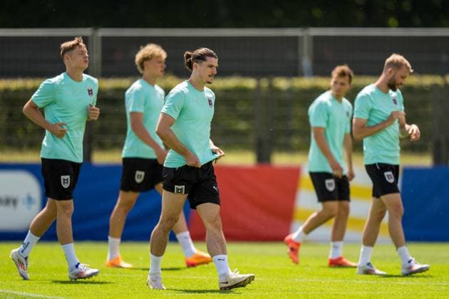 EURO 2024, Nationalteam Österreich, Training SOCCER - UEFA EURO, EM, Europameisterschaft,Fussball 2024 BERLIN,GERMANY,24.JUN.24 - UEFA EURO 2024, group stage, Austria vs Netherlands, preview, training Team AUT. Image shows Alexander Prass, Leopold Querfeld, Marcel Sabitzer and Konrad Laimer (AUT). GEPAxpictures xJohannesxFriedl