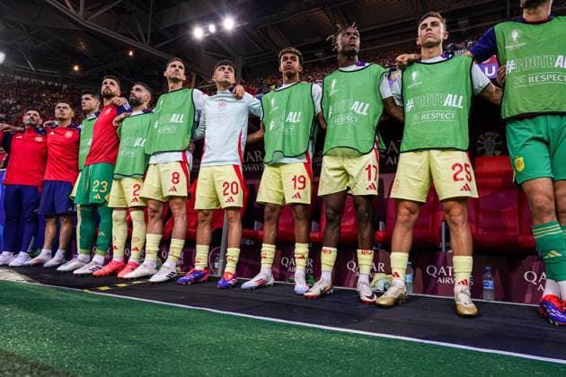 2024-06-24 Albania v Spain - Group B - UEFA EURO, EM, Europameisterschaft,Fussball 2024 DUSSELDORF, GERMANY - JUNE 24: Unai Simon of Spain, Dani Carvajal of Spain, Fabian Ruiz of Spain, Pedri of Spain, Lamine Yamal of Spain, Nico Williams of Spain, Fermin Lopez of Spain, Alejandro Remiro of Spain during the national anthem during the Group B - UEFA EURO 2024 match between Albania and Spain at Dusseldorf Arena on June 24, 2024 in Dusseldorf, Germany. (Photo by Joris Verwijst BSR Agency) Dusseldorf Germany Content not available for redistribution in The Netherlands directly or indirectly through any third parties. Copyright: xBSRxAgencyx