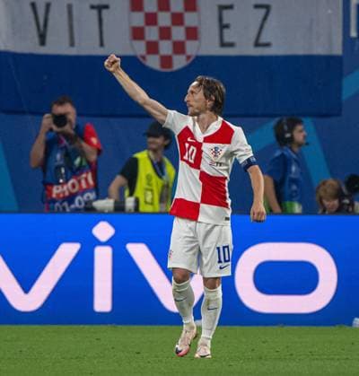 Fussball, Herren, Saison 2023 24, UEFA EURO, EM, Europameisterschaft,Fussball 2024, Gruppe B (3. Spieltag) in Leipzig, Kroatien - Italien, Luka Modric (Kroatien), Jubel nach Tor zum 1:0, 24.06. 2024, Copyright: xMatthiasxKochx
