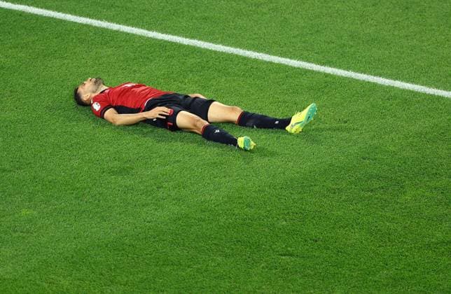 Nedim Bajrami of Albania shows a look of dejection Albania v Spain, UEFA European Championship, EM, Europameisterschaft 2024, Group B, Football, Dusseldorf Arena, Dusseldorf, Germany, 24 Jun 2024 EDITORIAL USE ONLY No use with unauthorised audio, video, data, fixture lists, club league logos or live services. Online in-match use limited to 120 images, no video emulation. No use in betting, games or single club league player publications. Copyright: xKieranxMcManus Shutterstockx 14551047an