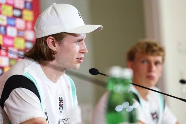 SOCCER - UEFA EURO, EM, Europameisterschaft,Fussball 2024 BERLIN,GERMANY,26.JUN.24 - SOCCER -UEFA EURO 2024, OEFB, Oesterreichischer Fussball-Bund, press conference, PK, Pressekonferenz Image shows Patrick Wimmer and Leopold Querfeld (AUT). GEPAxpictures xArminxRauthner