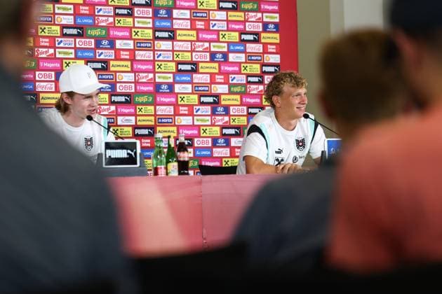 SOCCER - UEFA EURO, EM, Europameisterschaft,Fussball 2024 BERLIN,GERMANY,26.JUN.24 - SOCCER -UEFA EURO 2024, OEFB, Oesterreichischer Fussball-Bund, press conference, PK, Pressekonferenz Image shows Patrick Wimmer and Leopold Querfeld (AUT). GEPAxpictures xArminxRauthner