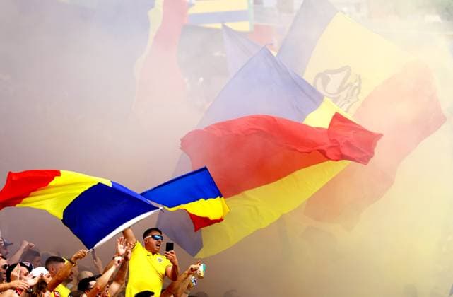 Romanian fans chanting prior to kick off Slovakia v Romania, UEFA European Championship, EM, Europameisterschaft 2024, Group E, Football, Frankfurt Arena, Frankfurt am Main, Germany - 26 Jun 2024 EDITORIAL USE ONLY No use with unauthorised audio, video, data, fixture lists, club league logos or live services. Online in-match use limited to 120 images, no video emulation. No use in betting, games or single club league player publications. Copyright: xKieranxMcManus Shutterstockx 14555603x