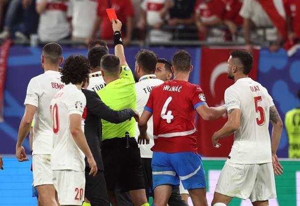 Tomas Chory of Czechia is shown a red card at full time Czechia v Turkiye, UEFA European Championship, EM, Europameisterschaft 2024, Group F, Football, Volksparkstadion, Hamburg, Germany - 26 Jun 2024 EDITORIAL USE ONLY No use with unauthorised audio, video, data, fixture lists, club league logos or live services. Online in-match use limited to 120 images, no video emulation. No use in betting, games or single club league player publications. Copyright: xMattxWest Shutterstockx 14555612cp