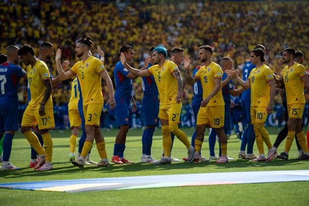 FRANKFURT AM MAIN, GERMANY - JUNE 26: Florinel Coman, Radu Dragusin, Andrei Ratiu, Denis Dragus, Ianis Hagi, Andrei Burca during the UEFA EURO, EM, Europameisterschaft,Fussball 2024 group stage match between Slovakia and Romania at Frankfurt Arena on June 26, 2024 in Frankfurt am Main, Germany. Photo by Sebastian Frej Slovakia v Romania: Group E - UEFA EURO 2024 Copyright: xSebastianxFrejx