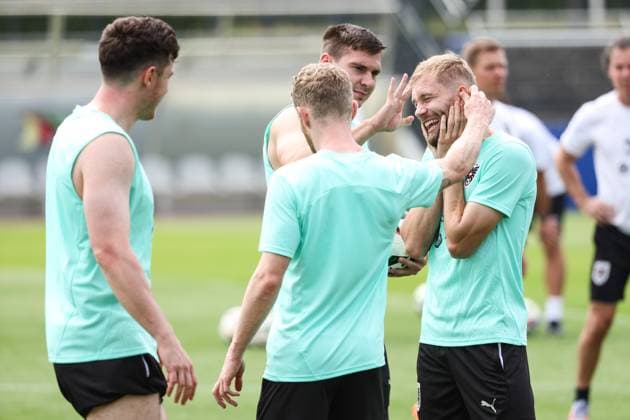 SOCCER - UEFA EURO, EM, Europameisterschaft,Fussball 2024 BERLIN,GERMANY,28.JUN.24 - SOCCER -UEFA EURO 2024, OEFB, Oesterreichischer Fussball-Bund, training. Image shows Michael Gregoritsch, Florian Kainz, Maximilian Woeber and Konrad Laimer (AUT). GEPAxpictures xArminxRauthner