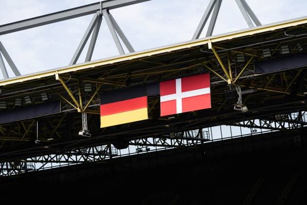 GER, Euro 2024, Achtelfinale round of sixteen, Deutschland (Germany, GER) vs Dänemark (Denmark, DNK) 29.06.2024, Signal Iduna Park (BVB Stadion Dortmund), Dortmund, GER, Euro 2024, Achtelfinale round of sixteen, Deutschland (Germany, GER) vs Dänemark (Denmark, DNK) Im Bild: Fahnen Flaggen von Deutschland Germany GER und Dänemark Daenemark Denmark DNK