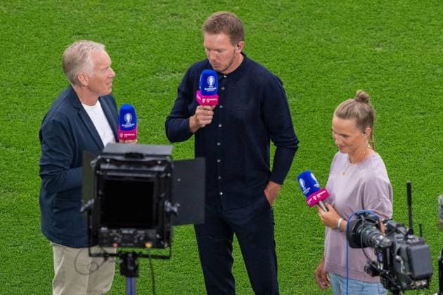 GER, EURO 2024, Achtelfinale, Deutschland (GER) vs Dänemark (DEN) 29.06.2024, BVB Stadium Dortmund, Dortmund, GER, EURO 2024, Achtelfinale, Deutschland (GER) vs Dänemark (DEN) Im Bild: Julian Nagelsmann (Deutschland GER, Head Coach);im Interview mit Johannes B. Kerner und Tabea Kemme, Interview Mikrofon Pressekonferenz; Gestik, Mimik, Emotionen;
