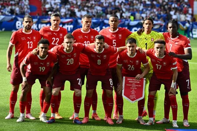 BERLIN, GERMANY - JUNE 29: Team photo of Switzerland (Dan Ndoye, Michel Aebischer, Remo Freuler, Fabian Rieder, Ruben Vargas, Ricardo Rodriguez, Fabian Schar, Granit Xhaka, Manuel Akanji, Yann Sommer, Breel Embolo) during the match between Switzerland and Italy on Round of 16 - UEFA EURO, EM, Europameisterschaft,Fussball 2024 at Olympiastadion on June 28, 2024 in Berlin, Germany. Photo by Sebastian Frej Switzerland v Italy - Round of 16 - UEFA EURO 2024 Copyright: xSebastianxFrejx