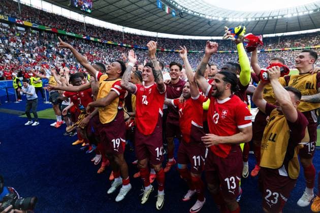 BERLIN, GERMANY - JUNE 29: Dan Ndoye, Steven Zuber, Renato Steffen, Ricardo Rodriguez, Cedric Zesiger of Switzerland celebrate after wining the match between Switzerland and Italy on Round of 16 - UEFA EURO, EM, Europameisterschaft,Fussball 2024 at Olympiastadion on June 28, 2024 in Berlin, Germany. Photo by Sebastian Frej Switzerland v Italy - Round of 16 - UEFA EURO 2024 Copyright: xSebastianxFrejx