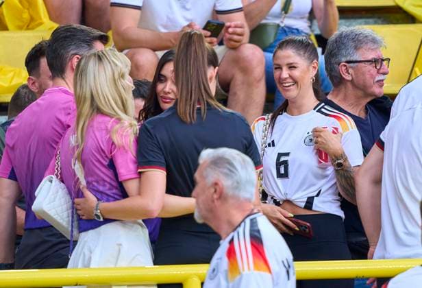 Anika Bissel (L), wife of Manuel Neuer, , Lina Meyer (R), wife of Joshua KIMMICH, DFB 6, Sara Arfaoui (M) wife of Ilkay Gündogan, DFB 21 , in the best of 16 match GERMANY - DENMARK 2-0 of the UEFA European Championships 2024 on Jun 29, 2024 in Dormund, Germany.