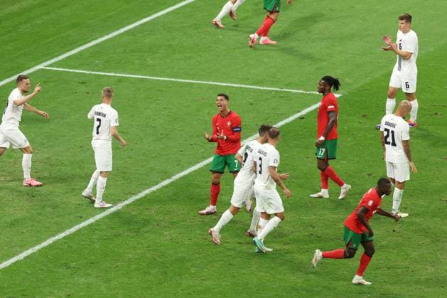 Cristiano Ronaldo of Portugal reacts to missing Portugal v Slovenia, UEFA European Championship, EM, Europameisterschaft 2024, Round of 16, Football, Frankfurt Arena, Frankfurt, Germany - 01 Jul 2024 EDITORIAL USE ONLY No use with unauthorised audio, video, data, fixture lists, club league logos or live services. Online in-match use limited to 120 images, no video emulation. No use in betting, games or single club league player publications. Copyright: xPaulxCurrie Shutterstockx 14566636ar