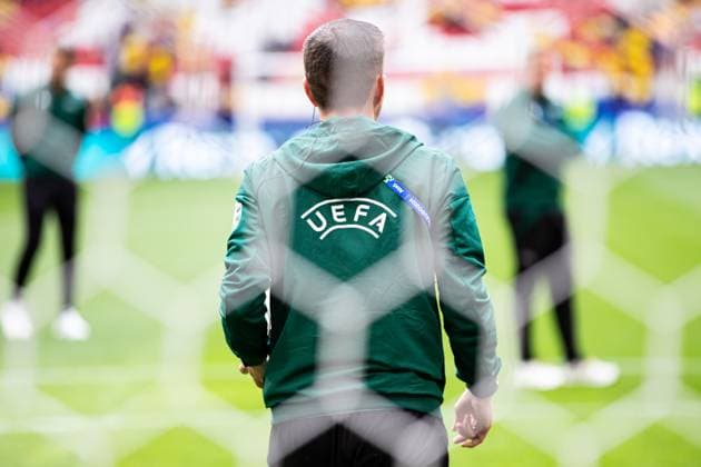 Rueckenlogo UEFA durch das Tornetz GER, Rumaenien (ROM) vs. Niederlande (NED), Fussball Europameisterschaft, UEFA EURO, EM, Europameisterschaft,Fussball 2024, Achtelfinale, 02.07.2024 GER, Rumaenien (ROM) vs. Niederlande (NED), Fussball Europameisterschaft, UEFA EURO 2024, Achtelfinale, 02.07.2024 Muenchen Copyright: xEibner-Pressefoto RogerxBuerkex EP