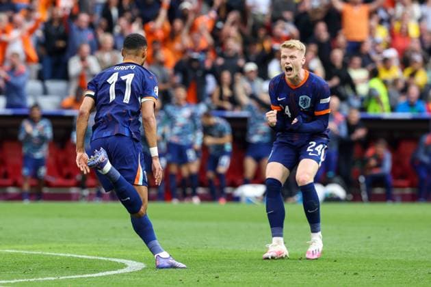 Torjubel von Cody Gakpo 11 (Niederlande), Jerdy Schouten 24 (Niederlande) zum 0:1, Rumaenien vs. Niederlande, Fussball, UEFA EURO, EM, Europameisterschaft,Fussball 2024, Achtelfinale, M43, 02.07.2024 Muenchen Bayern Deutschland