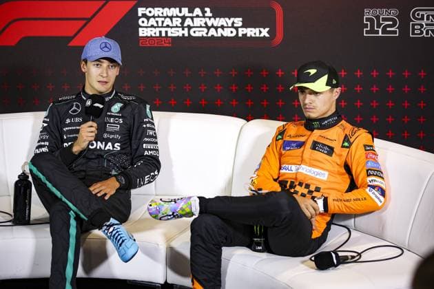 RUSSELL George (gbr), Mercedes AMG F1 Team W15 and NORRIS Lando (gbr), McLaren F1 Team MCL38, portrait, press conference, PK, Pressekonferenz during the Formula 1 Qatar Airways British Grand Prix 2024, 12th round of the 2024 Formula One World Championship, WM, Weltmeisterschaft from July 5 to 7, 2024 on the Silverstone Circuit, in Silverstone, United Kingdom - F1 - BRITISH GRAND PRIX 2024 DPPI Panoramic 240706_R12_GRAN_BRETAGNA_DP_EA020457