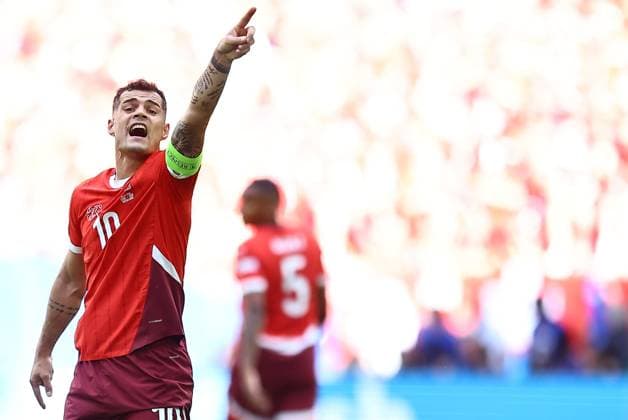 Granit Xhaka of Switzerland England v Switzerland, UEFA European Championship, EM, Europameisterschaft 2024, Quarter Final, Football, Dusseldorf Arena, Dusseldorf, Germany, 06 Jul 2024 EDITORIAL USE ONLY No use with unauthorised audio, video, data, fixture lists, club league logos or live services. Online in-match use limited to 120 images, no video emulation. No use in betting, games or single club league player publications. Copyright: xMichaelxZemanek Shutterstockx 14571385ar