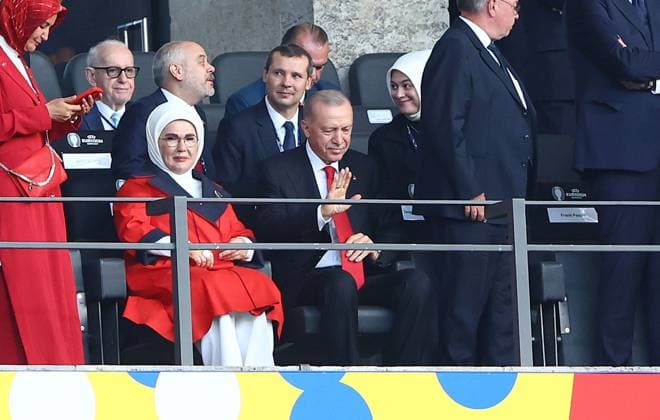 President of Türkiye Recep Tayyip Erdogan Netherlands v Turkiye, UEFA European Championship, EM, Europameisterschaft 2024, Quarter Final, Football, Olympiastadion, Berlin, Germany, 06 Jul 2024 EDITORIAL USE ONLY No use with unauthorised audio, video, data, fixture lists, club league logos or live services. Online in-match use limited to 120 images, no video emulation. No use in betting, games or single club league player publications. Copyright: xKieranxMcManus Shutterstockx 14571393q