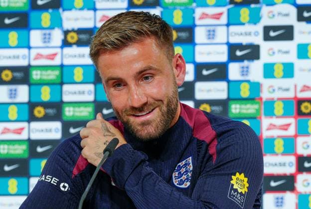 Luke Shaw of England press conference, PK, Pressekonferenz England Press Conference, UEFA European Championship, EM, Europameisterschaft 2024, Semi Final, Football, Spa & Golf Resort Weimarer Land, Blankenhain, Germany, 08 Jul 2024 EDITORIAL USE ONLY No use with unauthorised audio, video, data, fixture lists, club league logos or live services. Online in-match use limited to 120 images, no video emulation. No use in betting, games or single club league player publications. Copyright: xDavexShopland Shutterstockx 14576863g