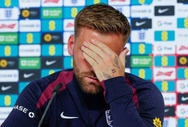 Luke Shaw of England press conference, PK, Pressekonferenz England Press Conference, UEFA European Championship, EM, Europameisterschaft 2024, Semi Final, Football, Spa & Golf Resort Weimarer Land, Blankenhain, Germany, 08 Jul 2024 EDITORIAL USE ONLY No use with unauthorised audio, video, data, fixture lists, club league logos or live services. Online in-match use limited to 120 images, no video emulation. No use in betting, games or single club league player publications. Copyright: xDavexShopland Shutterstockx 14576863q