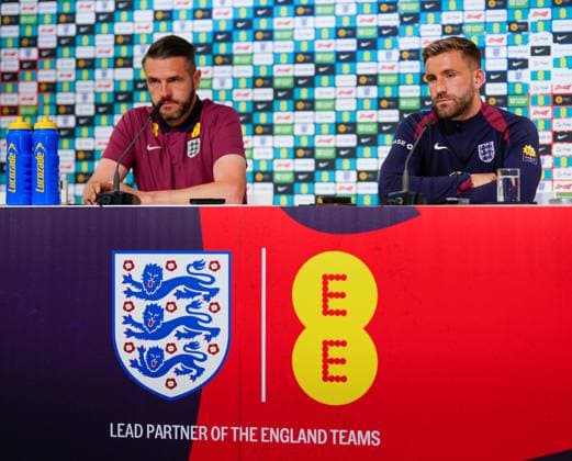 Luke Shaw of England press conference, PK, Pressekonferenz with media office Andy Walker England Press Conference, UEFA European Championship, EM, Europameisterschaft 2024, Semi Final, Football, Spa & Golf Resort Weimarer Land, Blankenhain, Germany, 08 Jul 2024 EDITORIAL USE ONLY No use with unauthorised audio, video, data, fixture lists, club league logos or live services. Online in-match use limited to 120 images, no video emulation. No use in betting, games or single club league player publications. Copyright: xDavexShopland Shutterstockx 14576863x