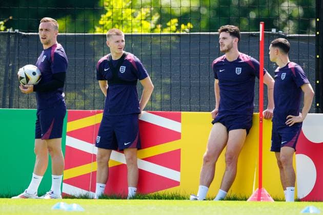 Jarrod Bowen, Adam Wharton, Declan Rice and Phil Foden of England England Training, UEFA European Championship, EM, Europameisterschaft 2024, Semi Final, Football, Spa & Golf Resort Weimarer Land, Blankenhain, Germany, 09 Jul 2024 EDITORIAL USE ONLY No use with unauthorised audio, video, data, fixture lists, club league logos or live services. Online in-match use limited to 120 images, no video emulation. No use in betting, games or single club league player publications. Copyright: xDavexShopland Shutterstockx 14576868ag